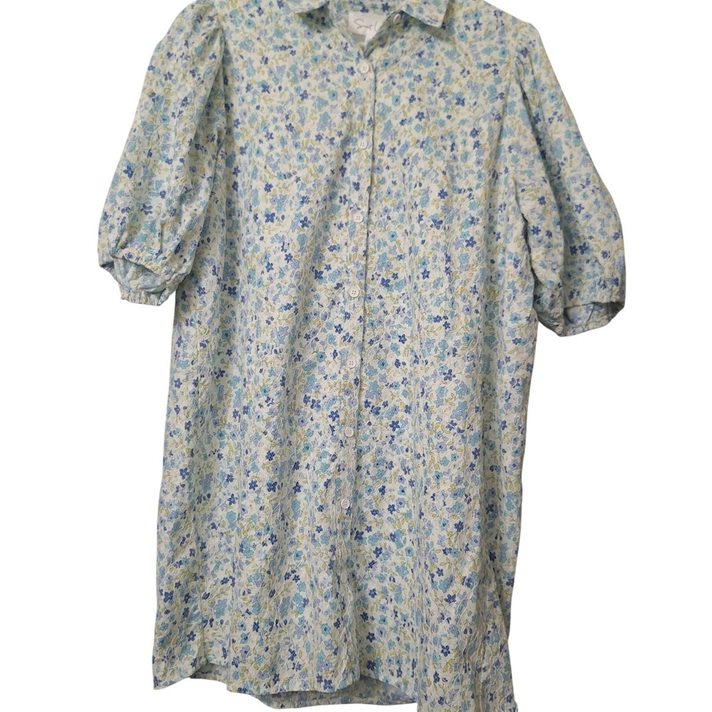 Sweet Lemon Shirt Dress Sz Lg Blue Floral Puff Sleeve Party Shower Mini Tencel